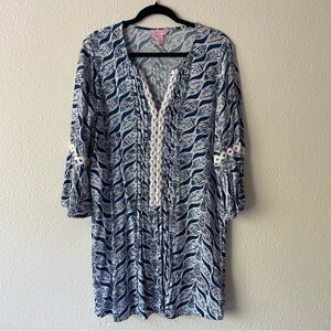 Lilly Pulitzer Hollie Tunic Dress in Resort White and Blue, A Mermaid’s Tail, L